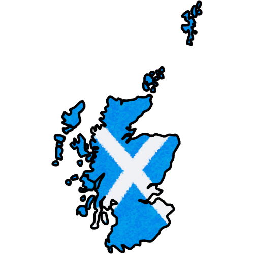 A land mass matching the shape of scotland with a black outline and the interior matching the scottish flag: blue with a white X